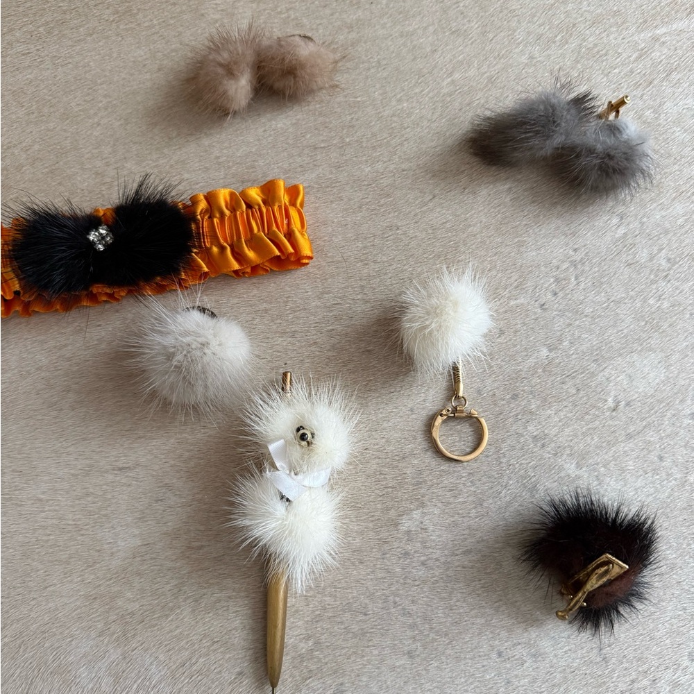 Vintage Fur keychain, cuff links, ring, earrings and pen